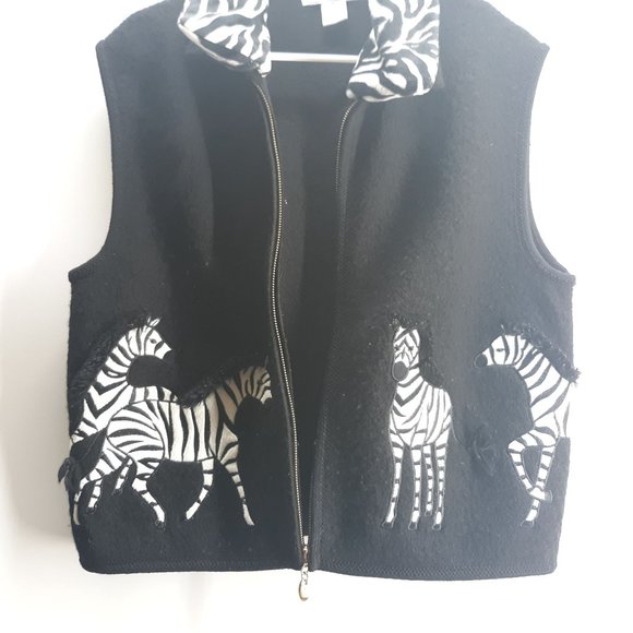 Lisa International Womens Size Large 100% Boiled Wool Full Zip Black Zebra Vest - Picture 5 of 12